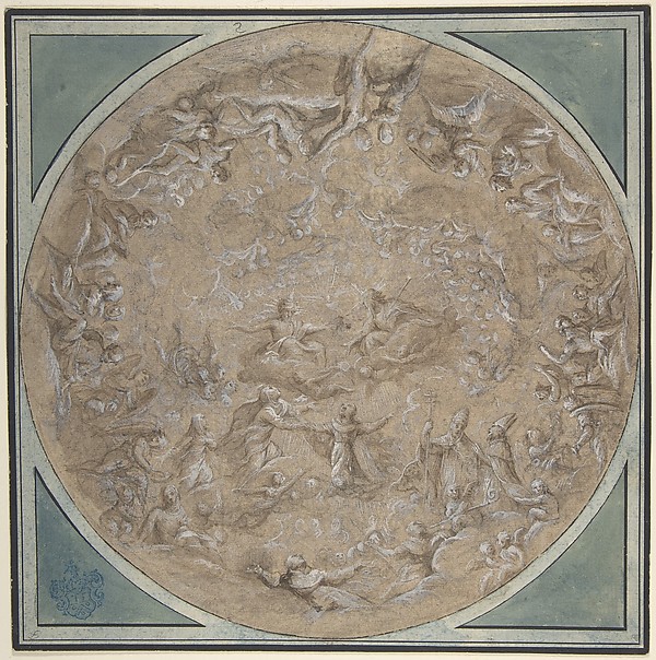 Monastic Saint Presented to the Holy Trinity by the Virgin, Study for a Circular Ceiling Decoration by Lazzaro Baldi