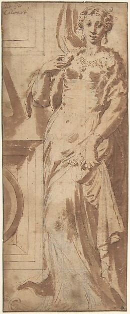 Girolamo Mazzola Bedoli, Standing Female Figure and Ornamental Framework