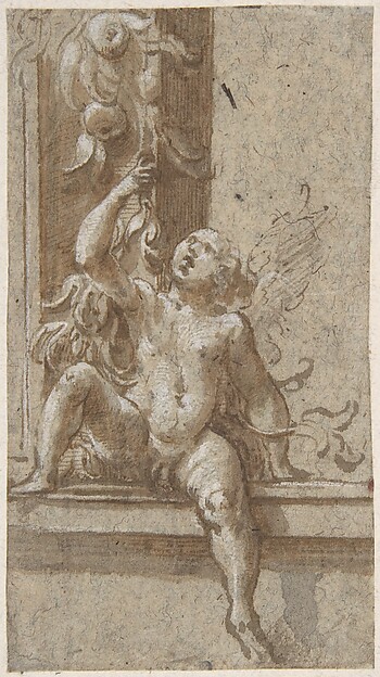 Girolamo Mazzola Bedoli, A Putto Seated on a Frame