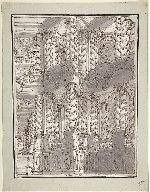 Design for Stage Set with Double Storey of Torqued Columns and Balustrades.