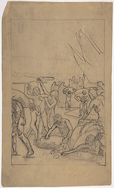 Figures Unloading Cargo from Sailing Vessels
