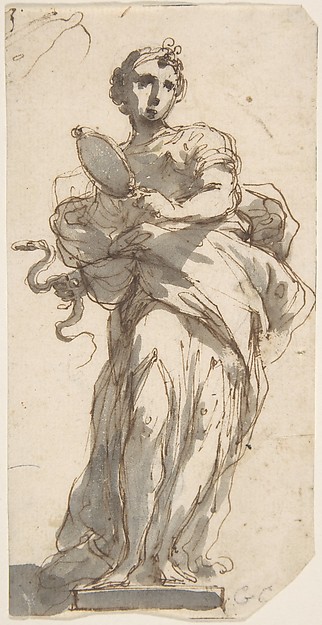 Design for a Statue of Prudence with Sketches at Upper Left Corner.
