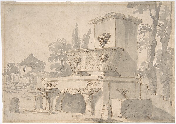 Venetian Capriccio: Landscape with a Farm Building, Sarcophagus, and Fountain (recto);  Monument (verso)