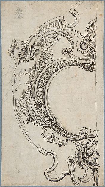 Half of a Cartouche with a Female Figure on the Left and a Lion's Head on the Bottom