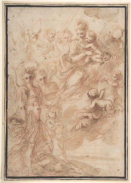 Saint Michael the Archangel and Another Figure Recommending a Soul to the Virgin and Child in Heaven by Bartolomeo Biscaino