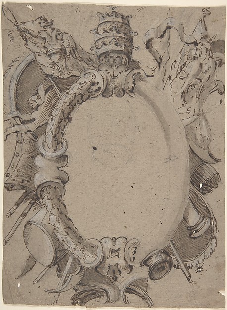 Design for Cartouche with Banners, Drums, Leaves and a Woman's Head with Tiara.