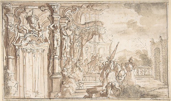 Design for a Stage Set: Solomon Receiving the Queen of Sheba under a Baldacchino, with Fantastical Architecture and a Gardenscape by Carlo Galli Bibiena