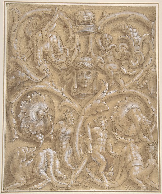 Design for an Ornamental Panel with Rinceaux, Satyrs, Putti, Monsters and a Human Head
