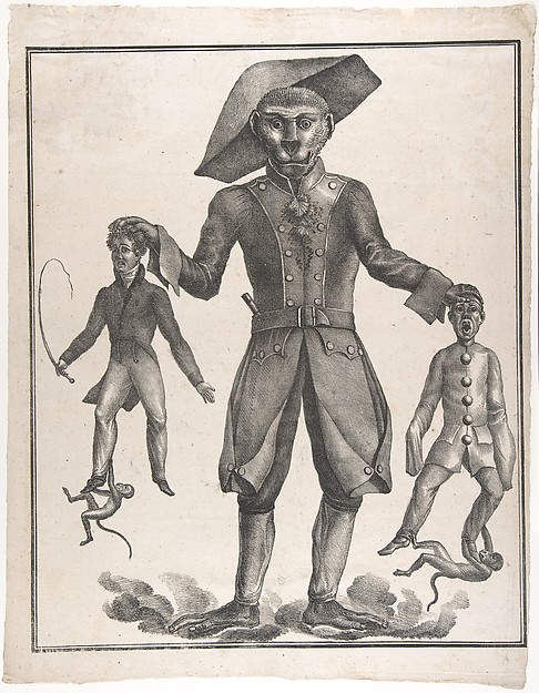 A Giant Monkey in Uniform Holding up Pierrot and a Man with a Whip