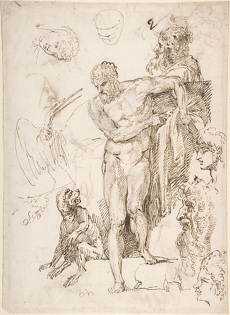 Studies and Sketches for Figures: Standing Male Nude in Frontal View, Male Heads, Seated Monkey, and a Long-Beaked Bird (a Stork?) (recto); Figure Studies:  Back View of Standing Male and Female Heads, a Flying Long-Beaked Bird, etc. (verso)