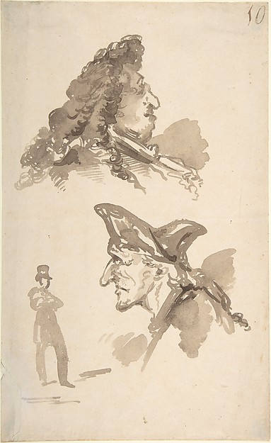 Sheet of Studies:  Two Male Heads in Profile and Standing Man
