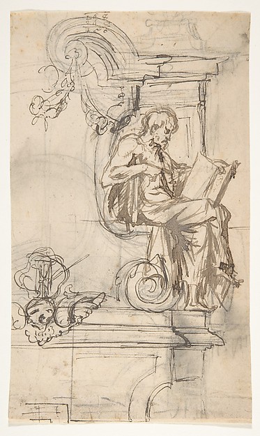 Design for a sepulchral monument with a seated prophet or philosopher; verso: Sketches