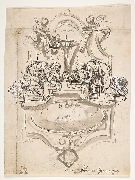 Design for a sepulchral monument with Mary Magdalen and Saint Jerome (recto); Sketch (counterproof) and writing exercises (verso) by Pieter Verbruggen the Younger