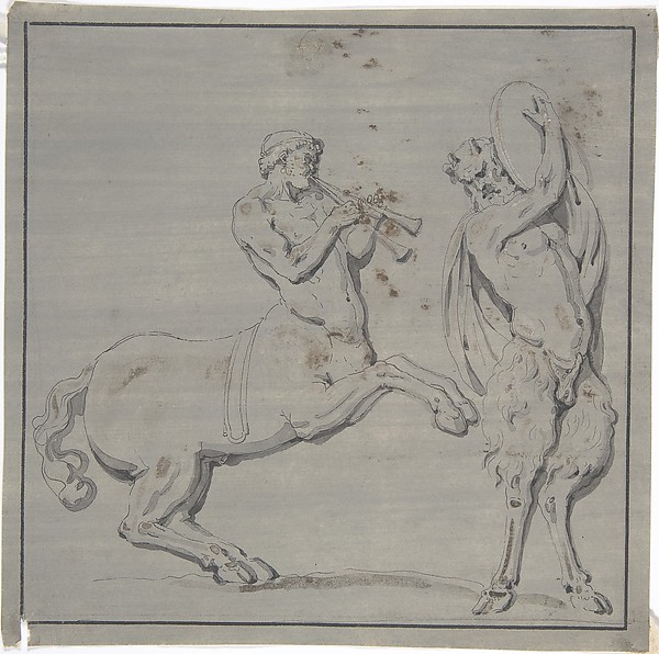 Bacchic Scene of Centaur Playing Horns and Satyr with Drum