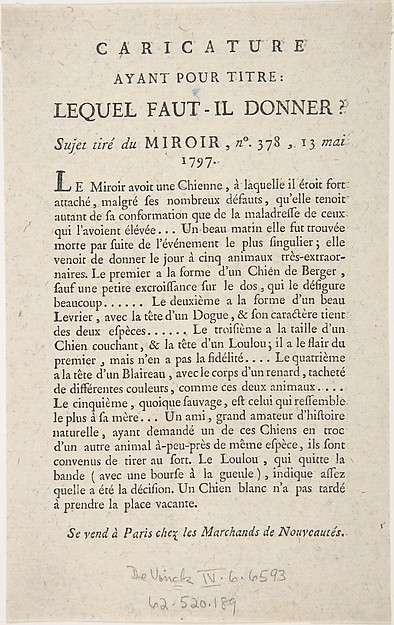 Caricature, Ayant Pour Titre: Lequel Faut-il Donner?, Sujet tiré du Miroir, no. 378, 13 Mai, 1797