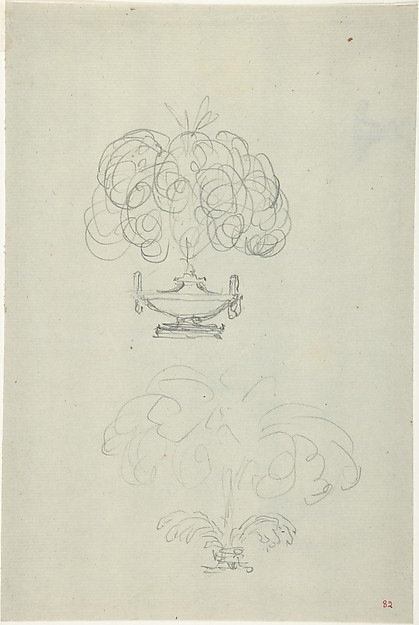 Design for a Plumed Oil Lamp (recto); Sketches for a vase and oil lamp (verso)