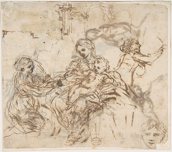 The Virgin and Child with Saint Martina, Another Study of Saint Martina, Studies of a Head, and of an Arcade (recto); Figure Studies (verso) by Pietro da Cortona (Pietro Berrettini)