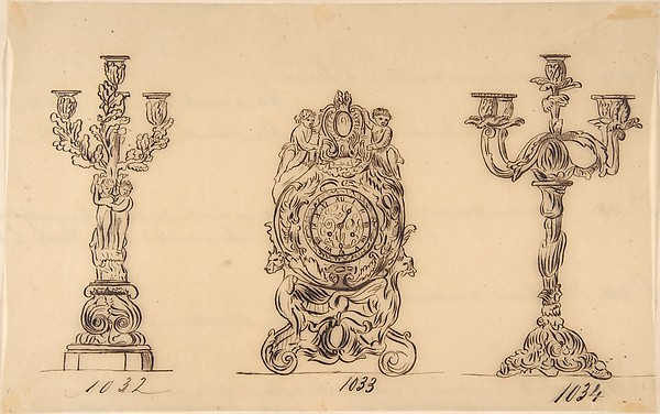 Designs for a Clock and Two Candelabras