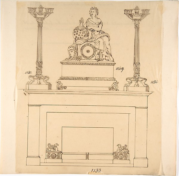 Designs for Fireplace Iron, Mantle Candlesticks and a Clock