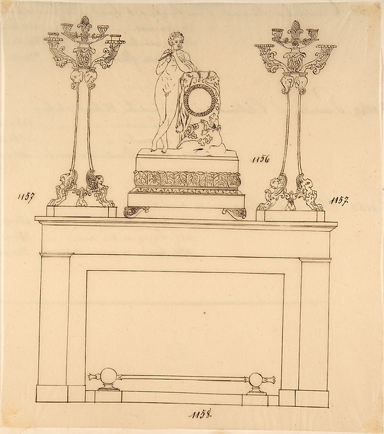 Design for a Fireplace Iron, Mantle Candlesticks and a Clock
