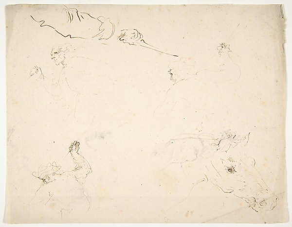 Figures in Battle and Head of a Horse (recto); Studies of a Man's Head and Arms (verso)