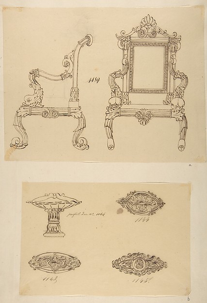 Design for a Chair and Three Designs for Ceiling Molding