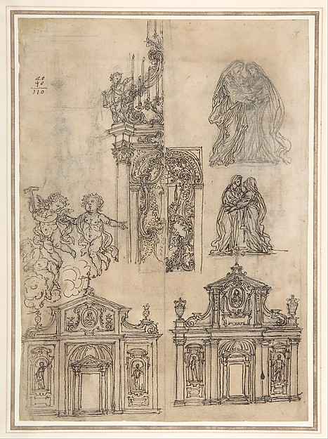 A Sheet of Studies with Architectural Motifs and Two Sketches for a Visitation (recto); Sketch for a Funerary Monument (verso) by Giovanni Battista Foggini