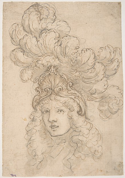 View in 3/4 of a Design for a Headpiece Decorated with a Shell and Large Plume