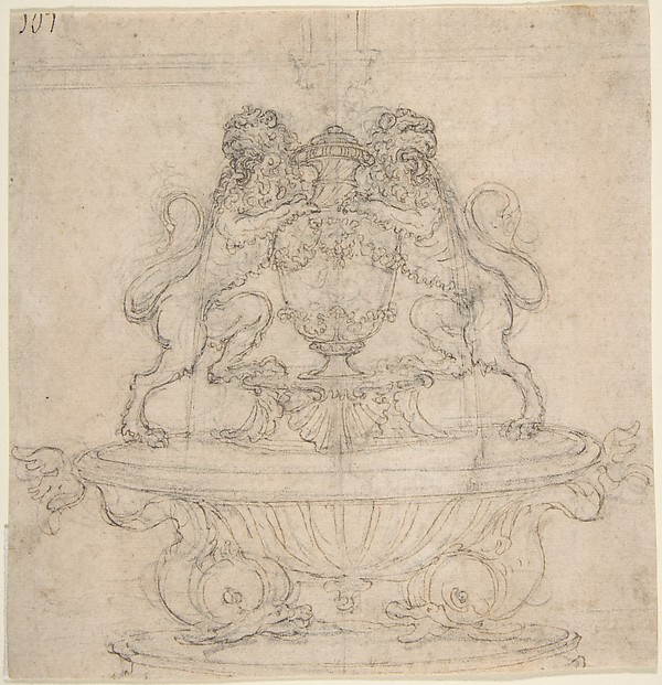 Design for a Fountain with Two Water-Spouting Lions (recto); Sketch for Triumph of Galatea [?] (verso).