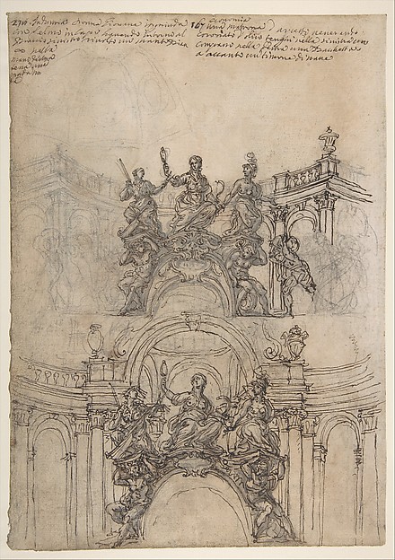 Studies for a Sculpture with Figures of Prudence, Industry and Economy Supported by Slaves and an Oval Plaque with Cartouche; Separate Study for a Cupola (Recto). Studies for Figural Ornament (Verso).