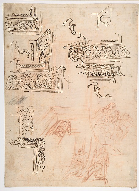 Studies of Architectural Moldings, of the Virgin and Child with a Kneeling Saint, and of Two Angels Supporting Frames (recto); Studies for Architectural Mouldings (verso) by Baldassarre Franceschini (il Volterrano)