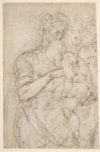 Standing Virgin with Child, Two Heads at Upper Right (recto); Sketch of Steps (verso)