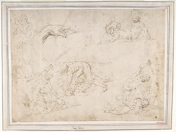 Figure Studies: Three Sketches of Cain Killing Abel, with an Altar of Sacrifice at Center, Two Standing Women, a Hand, and a Seated Child with a Squirrel