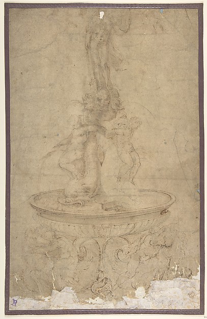 Design for a Fountain with Sea Horses and Triton Base, Basin, Dolphins and Tritons, Three Grotesque heads and Neptune