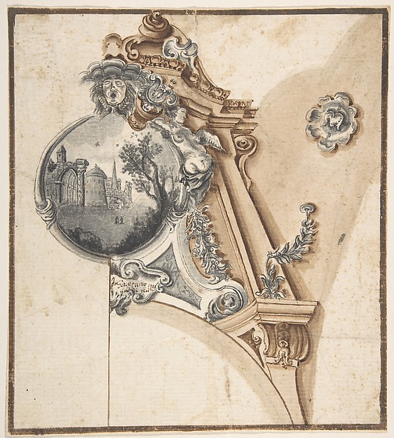 Decoration over an Arch with a Landscape Scene in a Round Compartment