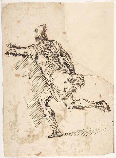 Male Figure Running (recto); Three Pen Studies of Male Heads (verso)