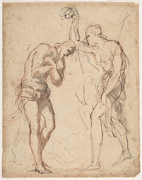 The Baptism of Christ (recto); Kneeling Figure (?) in a Landscape (verso) by Micco Spadaro (Domenico Gargiulo)
