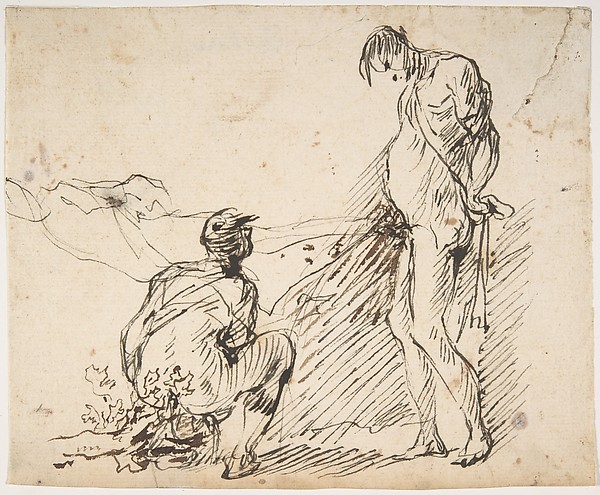 A Crouching Man Defecating and a Standing Man Urinating