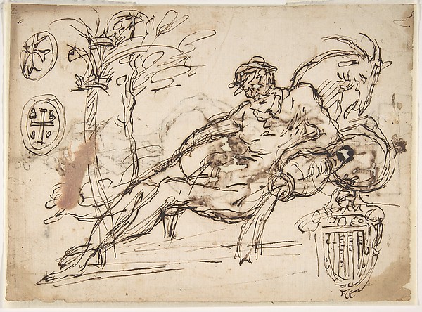 Reclining River God, a Goat's Head, and Studies of Heraldic Emblems (recto); Cavalier Standing on a Globe Supported by a Kneeling Giant (verso)