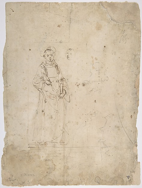 Standing Figure of Saint Stephen and the Head of Another Figure Within the Framing Outlines of a Rectangle, Crude Sketch of the Head of Another Figure, Undecipherable Sketch of a Polygonal or Circular Object with Small Projections by Domenico Ghirlandaio