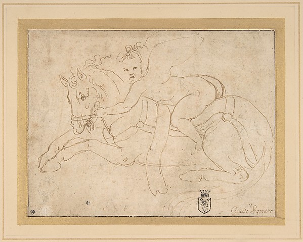 Winged Infant Riding a Crouching Horse