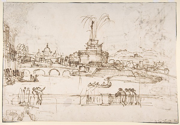 Figures Watching a Display of Fireworks at Castel Sant'Angelo, Rome (recto); A Distant View of the Fireworks Seen from a Villa Garden (verso)