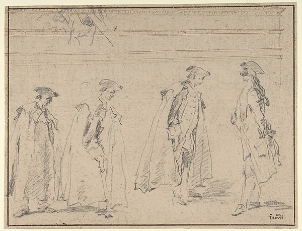 Figure Studies (recto); Figures Along a Canal and on a Bridge; to the right, a Curtain and a Stool (?) (verso)