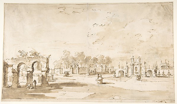 Gardens of the Villa Correr, near Strà (recto); Study for The Transverberation of Saint Teresa of Jesus and a Study of Hands (verso) by Francesco Guardi