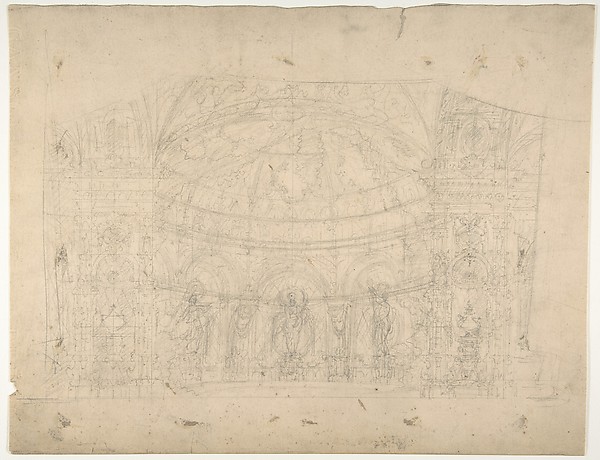 Design for a Stage Set at the Opéra, Paris: Domed Interior (recto); Sketches for Dome and Doors (verso)