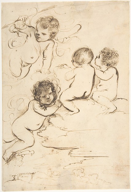 Four Putti with Bow and Arrows on Clouds above a Landscape with a Tower