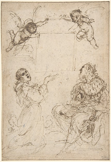 Saint Francis of Assisi and Saint Louis of France Venerating an Image of the Virgin by Guercino (Giovanni Francesco Barbieri)
