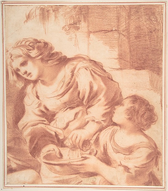 Woman Soaking a Cloth in a Bowl Held by a Girl (copy from Guercino's Saint Sebastian Tended by Irene) by Guercino (Giovanni Francesco Barbieri)