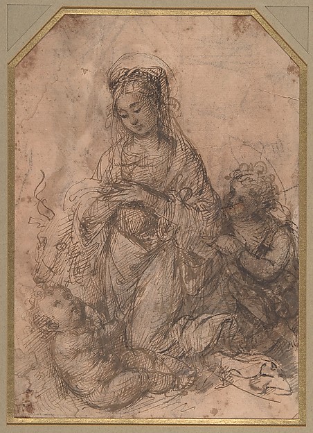 Virgin Adoring the Christ Child with Saint John the Baptist (recto); The Holy Family with Saint John the Baptist (verso) by Agnolo del Mazziere