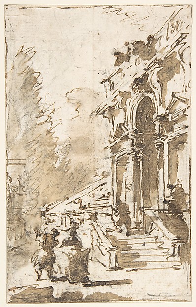 Architectural Capriccio: Garden Entrance to a Palace (recto); Three Masked and Costumed Figures and Other Figure Studies (verso)